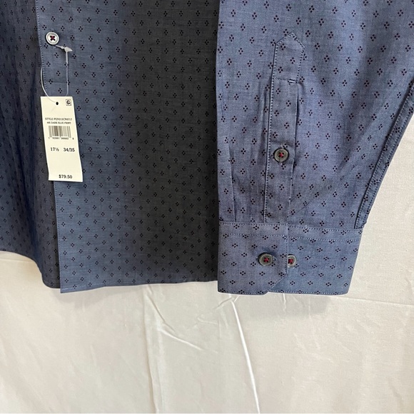 Original Penguin NWT Heritage Slim Fit Long Sleeve Blue Print Size 17 1/2 Shirt - Picture 3 of 9